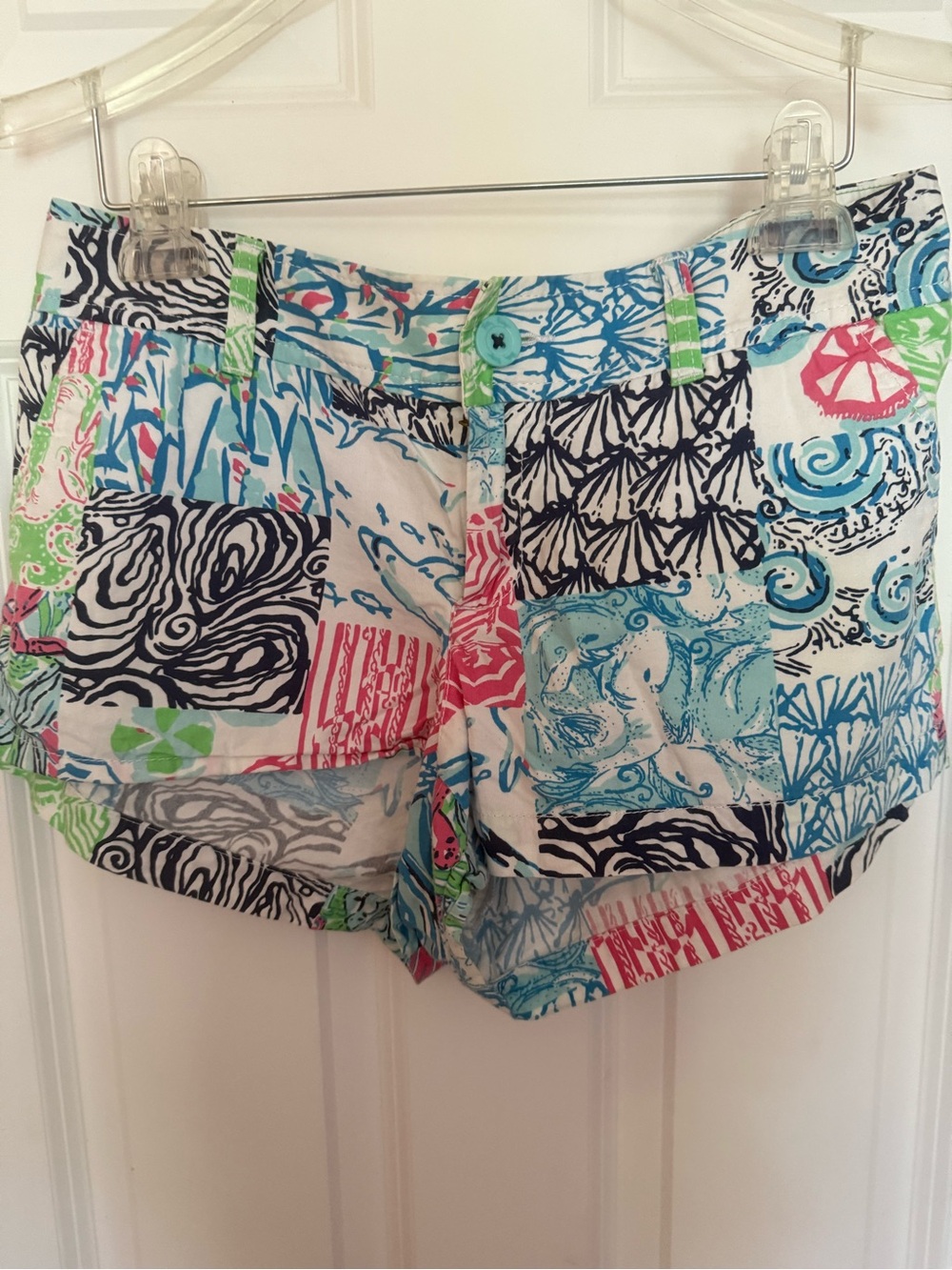 Lilly Pulitzer Patchwork Print Jean Shorts - Blue Pink Green